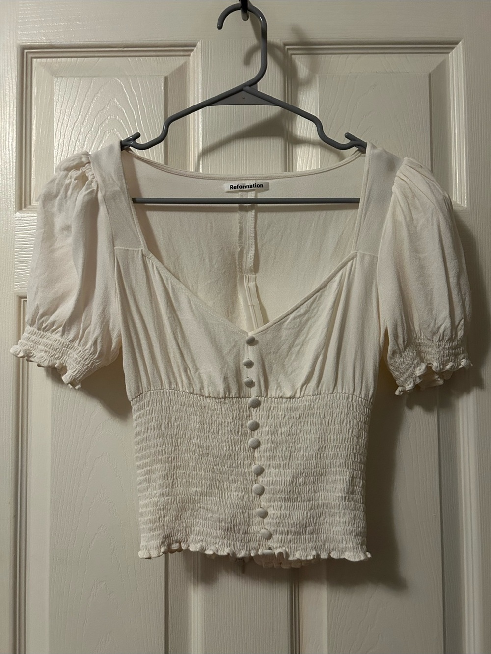 Reformation Ivory Puff-Sleeve Smocked Button Crop Top Sz Small